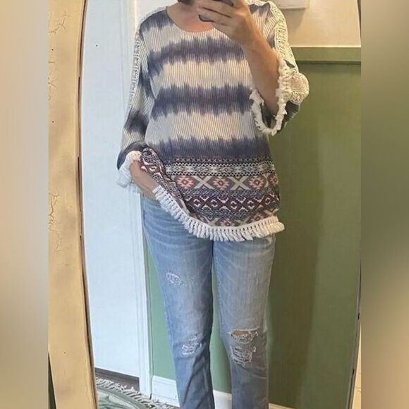 JODIFL Women’ Medium Blouse Boho Tassels Blue/ White Hippy Loose Fringe Bohemian - Picture 11 of 11